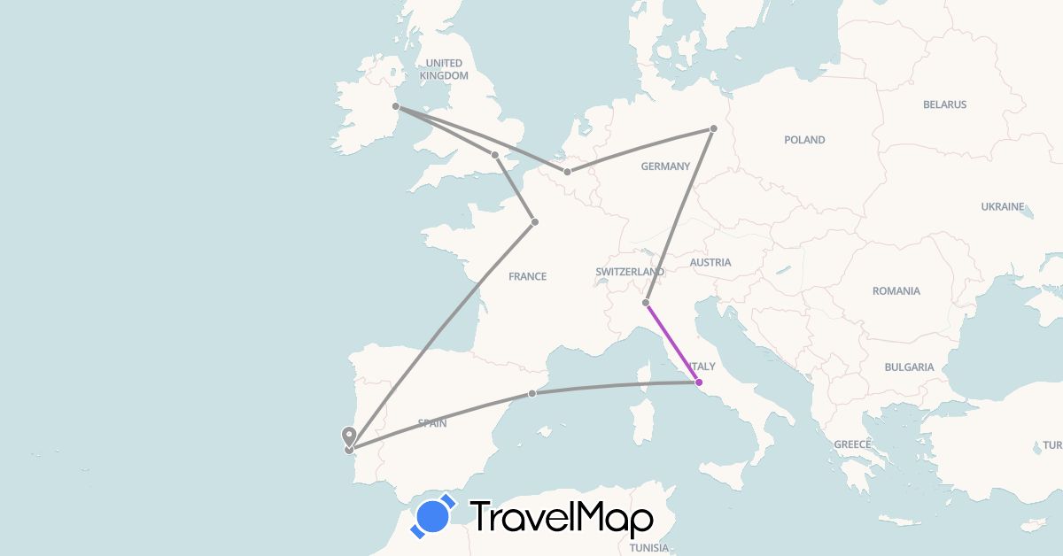 TravelMap itinerary: driving, plane, train in Belgium, Germany, Spain, France, United Kingdom, Ireland, Italy, Portugal (Europe)